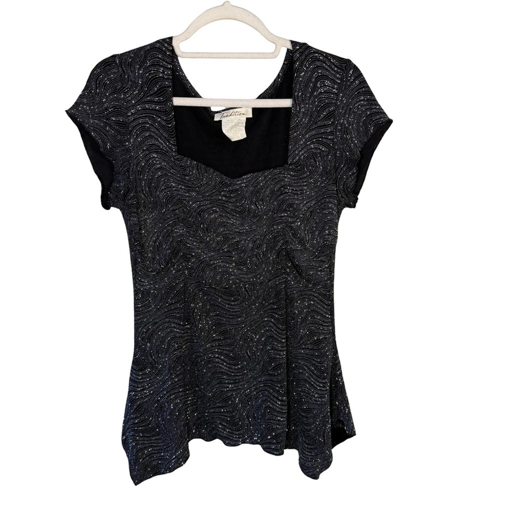 Tradition Black Metallic Swirl Short Sleeve Top Size 10 Vintage Y2K Dressy